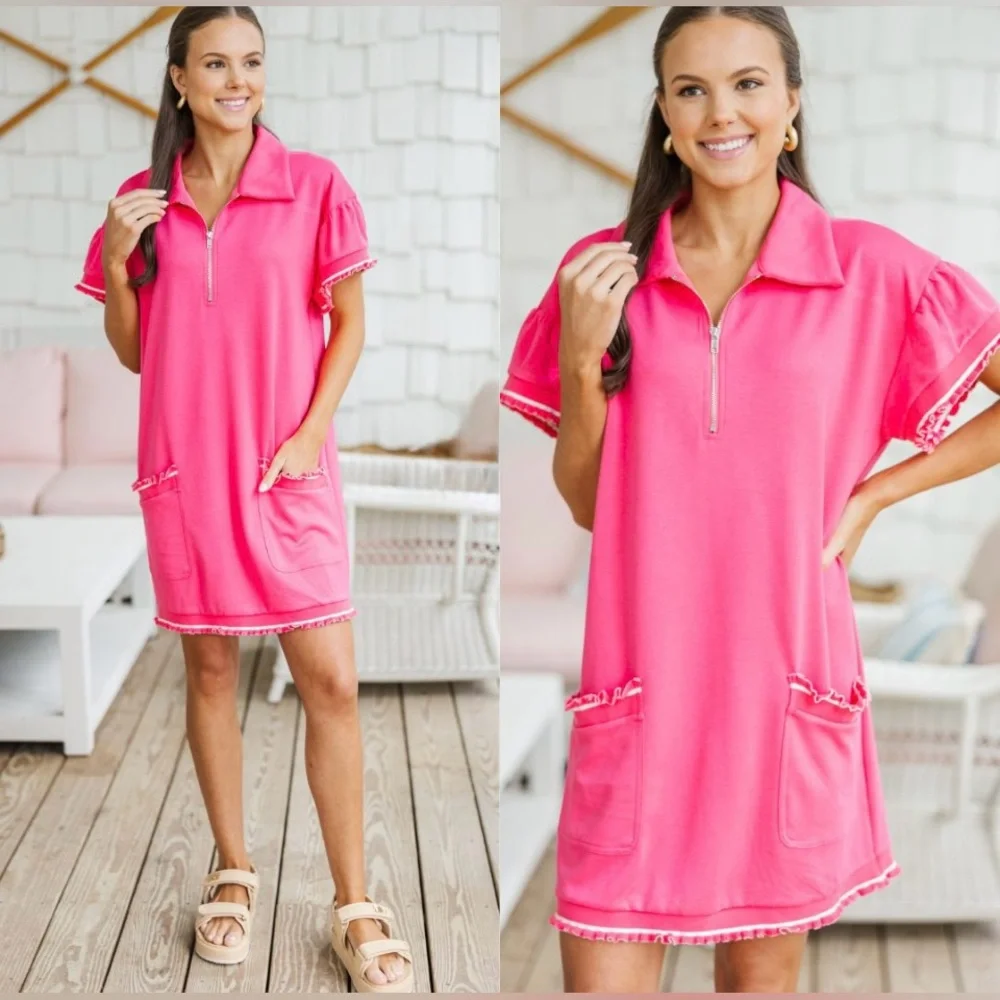 Pink & White Knit Dress | Mint Julep | Sporty | Pockets & Ruffles | L | NWT - Picture 5 of 12